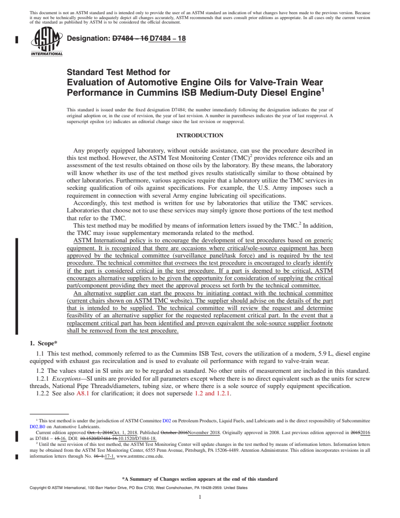 REDLINE ASTM D7484-18 - Standard Test Method for Evaluation of Automotive Engine Oils for Valve-Train Wear Performance  in Cummins ISB Medium-Duty Diesel Engine