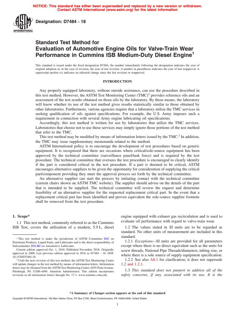 ASTM D7484-18 - Standard Test Method for Evaluation of Automotive Engine Oils for Valve-Train Wear Performance  in Cummins ISB Medium-Duty Diesel Engine