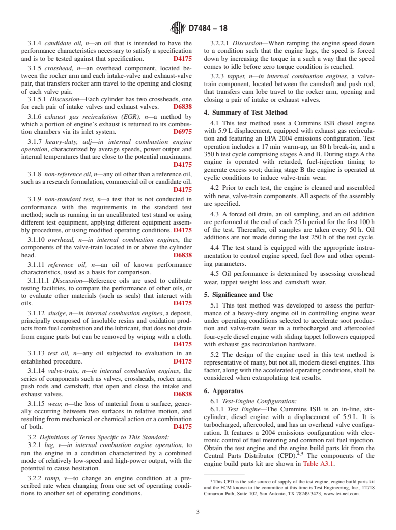 ASTM D7484-18 - Standard Test Method for Evaluation of Automotive Engine Oils for Valve-Train Wear Performance  in Cummins ISB Medium-Duty Diesel Engine