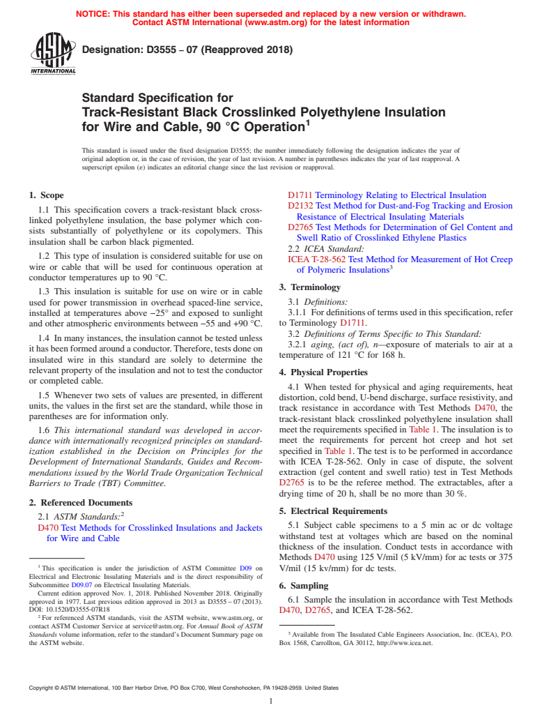 ASTM D3555-07(2018) - Standard Specification for  Track-Resistant Black Crosslinked Polyethylene Insulation for  Wire and Cable, 90 &#xb0;C Operation