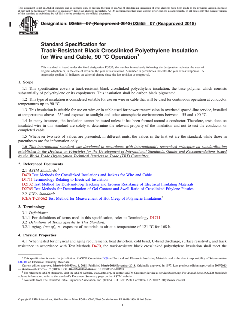 REDLINE ASTM D3555-07(2018) - Standard Specification for  Track-Resistant Black Crosslinked Polyethylene Insulation for  Wire and Cable, 90 &#xb0;C Operation