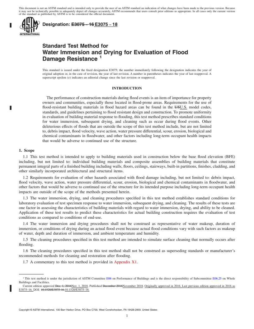 REDLINE ASTM E3075-18 - Standard Test Method for Water Immersion and Drying for Evaluation of Flood Damage Resistance