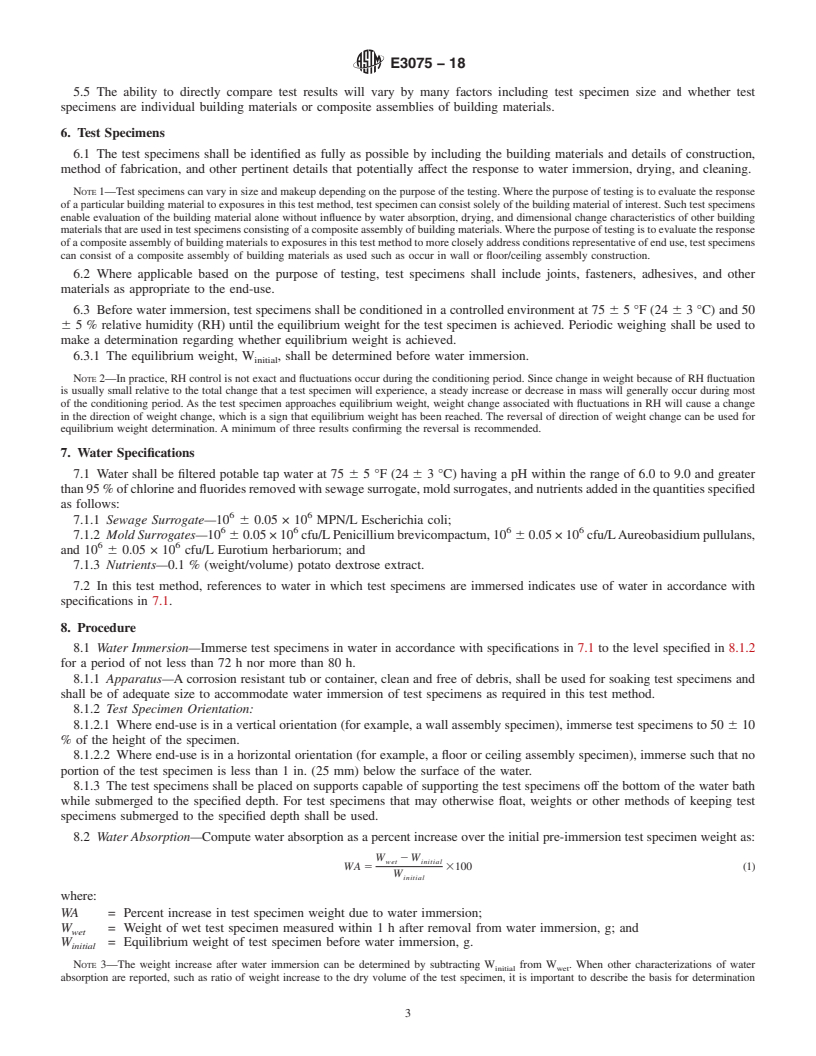 REDLINE ASTM E3075-18 - Standard Test Method for Water Immersion and Drying for Evaluation of Flood Damage Resistance