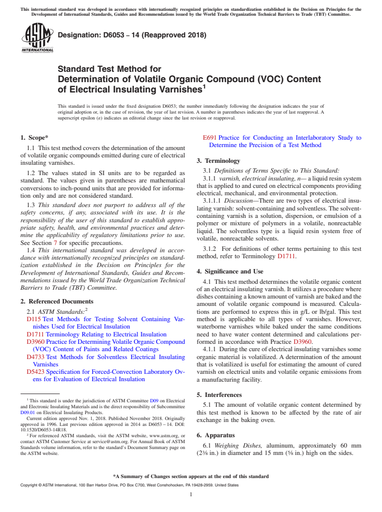 ASTM D6053-14(2018) - Standard Test Method for  Determination of Volatile Organic Compound (VOC) Content of   Electrical Insulating Varnishes