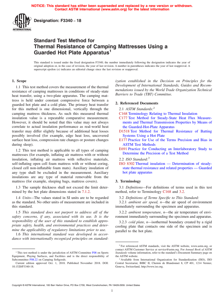 ASTM F3340-18 - Standard Test Method for Thermal Resistance of Camping Mattresses Using a Guarded Hot  Plate Apparatus