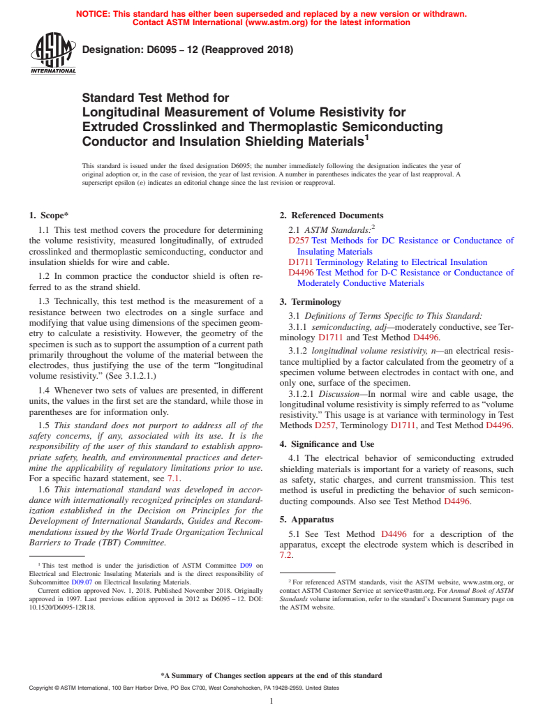 ASTM D6095-12(2018) - Standard Test Method for Longitudinal Measurement of Volume Resistivity for Extruded   Crosslinked and Thermoplastic Semiconducting Conductor and Insulation  Shielding Materials