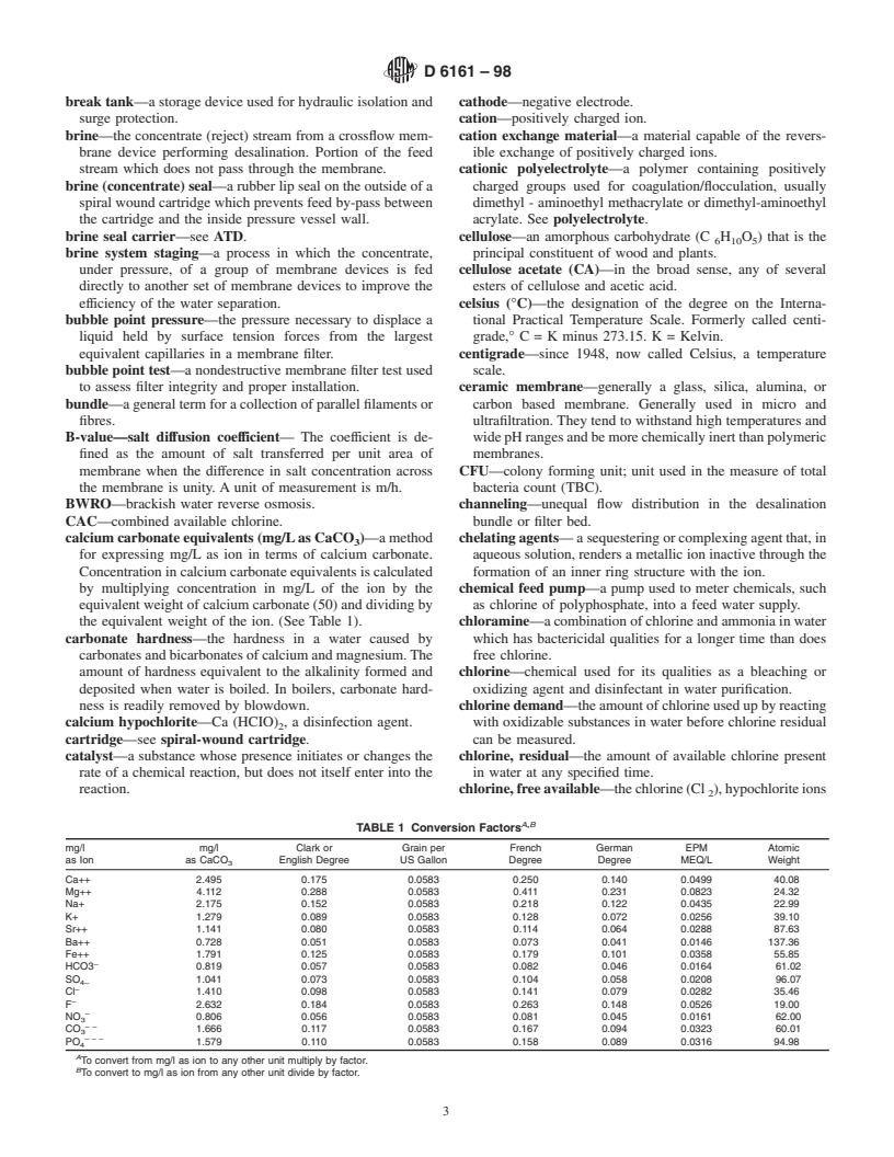 ASTM D6161-98 - Standard Terminology Used for Crossflow Microfiltration, Ultrafiltration, Nanofiltration, and Reverse Osmosis Membrane Processes