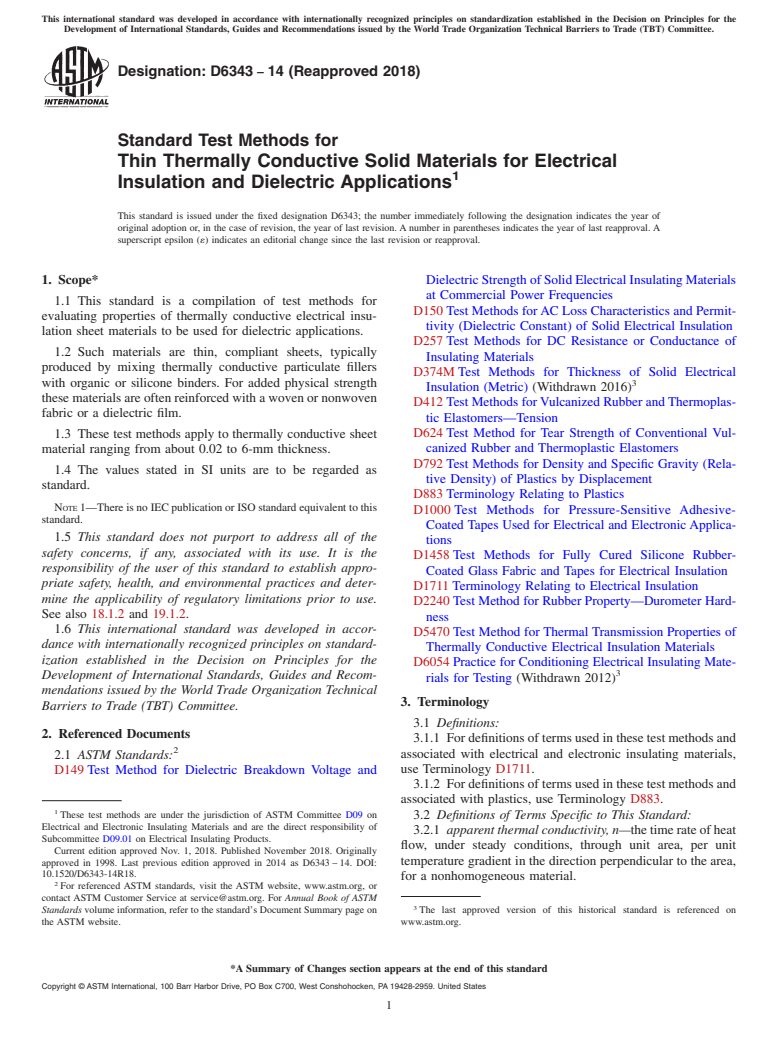 ASTM D6343-14(2018) - Standard Test Methods for  Thin Thermally Conductive Solid Materials for Electrical Insulation   and Dielectric Applications