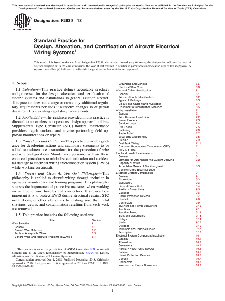 ASTM F2639-18 - Standard Practice for Design, Alteration, and Certification of Aircraft Electrical  Wiring Systems