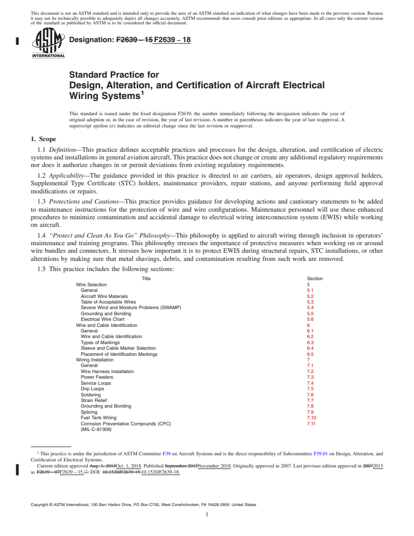 REDLINE ASTM F2639-18 - Standard Practice for Design, Alteration, and Certification of Aircraft Electrical  Wiring Systems