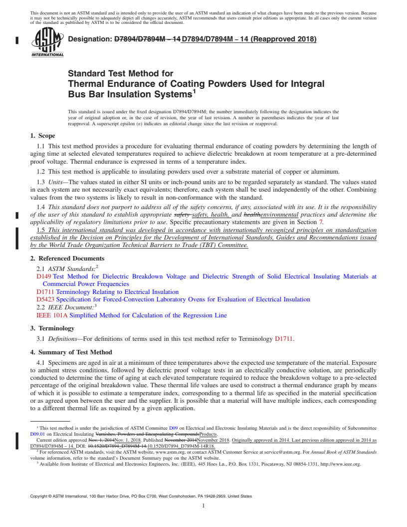 REDLINE ASTM D7894/D7894M-14(2018) - Standard Test Method for Thermal Endurance of Coating Powders Used for Integral Bus  Bar Insulation Systems