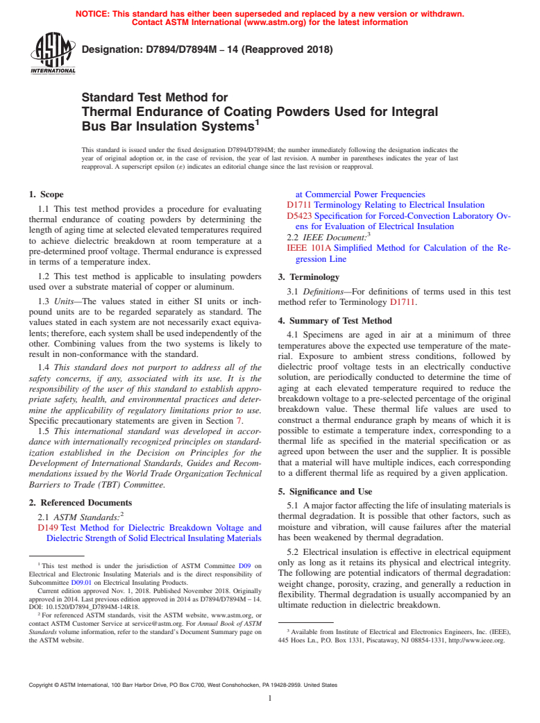 ASTM D7894/D7894M-14(2018) - Standard Test Method for Thermal Endurance of Coating Powders Used for Integral Bus  Bar Insulation Systems