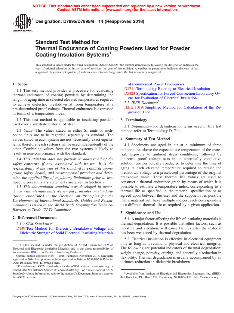 ASTM D7895/D7895M-14(2018) - Standard Test Method for Thermal Endurance of Coating Powders Used for Powder Coating  Insulation Systems