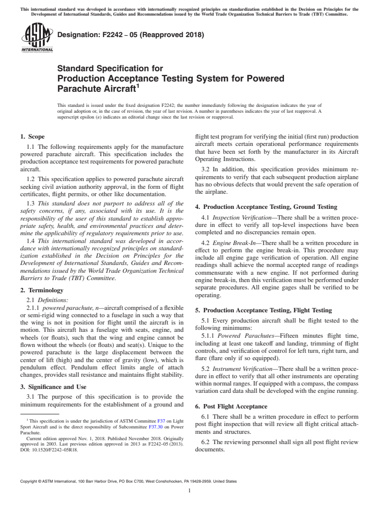 ASTM F2242-05(2018) - Standard Specification for Production Acceptance Testing System for Powered Parachute  Aircraft