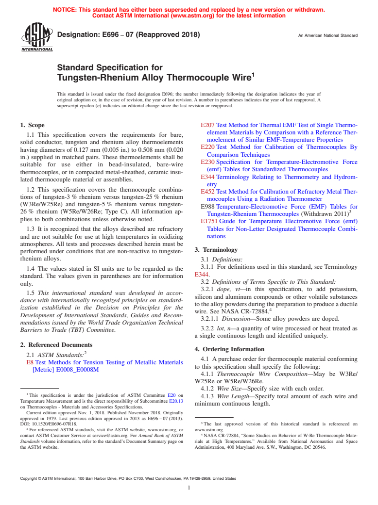 ASTM E696-07(2018) - Standard Specification for  Tungsten-Rhenium Alloy Thermocouple Wire