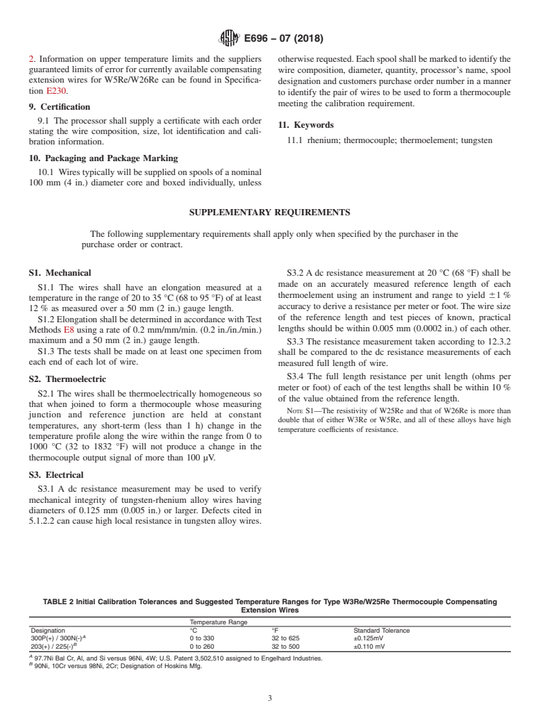 ASTM E696-07(2018) - Standard Specification for  Tungsten-Rhenium Alloy Thermocouple Wire