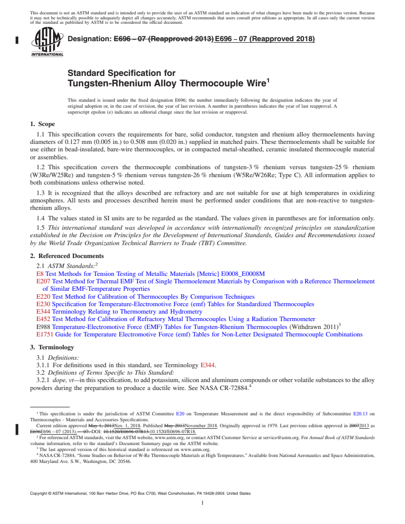 REDLINE ASTM E696-07(2018) - Standard Specification for  Tungsten-Rhenium Alloy Thermocouple Wire