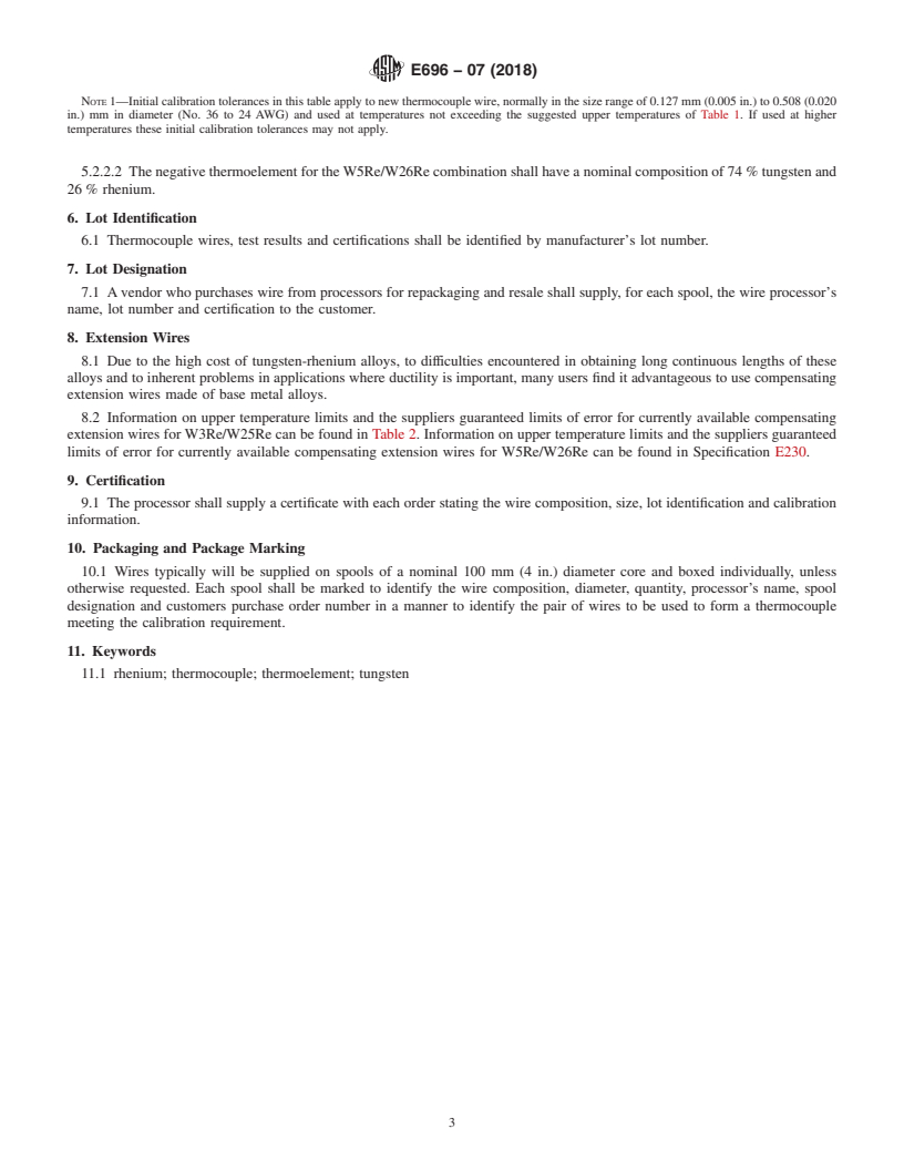 REDLINE ASTM E696-07(2018) - Standard Specification for  Tungsten-Rhenium Alloy Thermocouple Wire