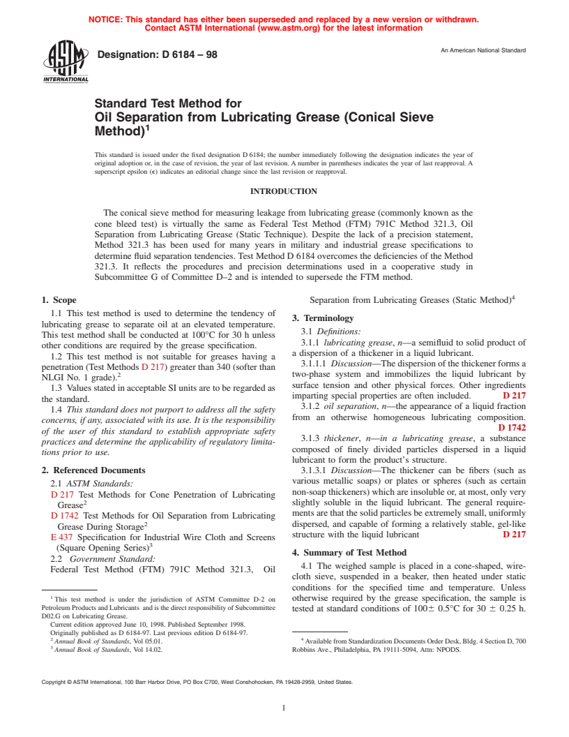 ASTM D6184-98 - Standard Test Method for Oil Separation from Lubricating Grease (Conical Sieve Method)