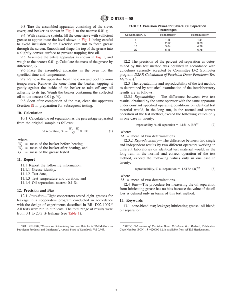 ASTM D6184-98 - Standard Test Method for Oil Separation from Lubricating Grease (Conical Sieve Method)