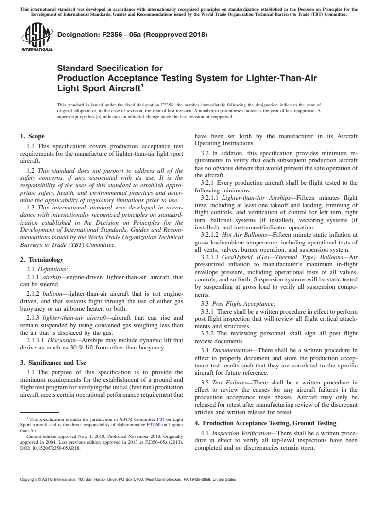 ASTM F2356-05a(2018) - Standard Specification for Production Acceptance Testing System for Lighter-Than-Air Light  Sport Aircraft