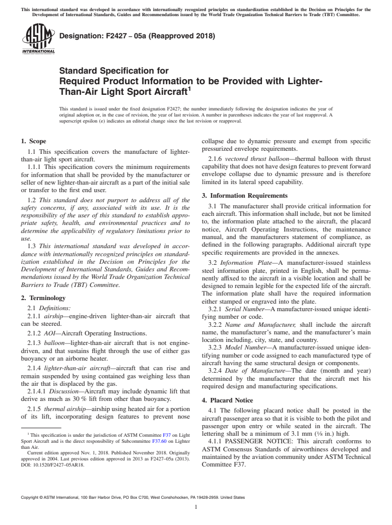 ASTM F2427-05a(2018) - Standard Specification for Required Product Information to be Provided with Lighter-Than-Air  Light  Sport Aircraft