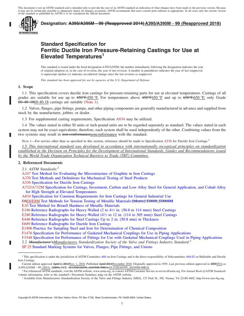 REDLINE ASTM A395/A395M-99(2018) - Standard Specification for  Ferritic Ductile Iron Pressure-Retaining Castings for Use at  Elevated Temperatures