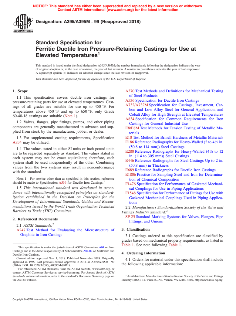 ASTM A395/A395M-99(2018) - Standard Specification for  Ferritic Ductile Iron Pressure-Retaining Castings for Use at  Elevated Temperatures