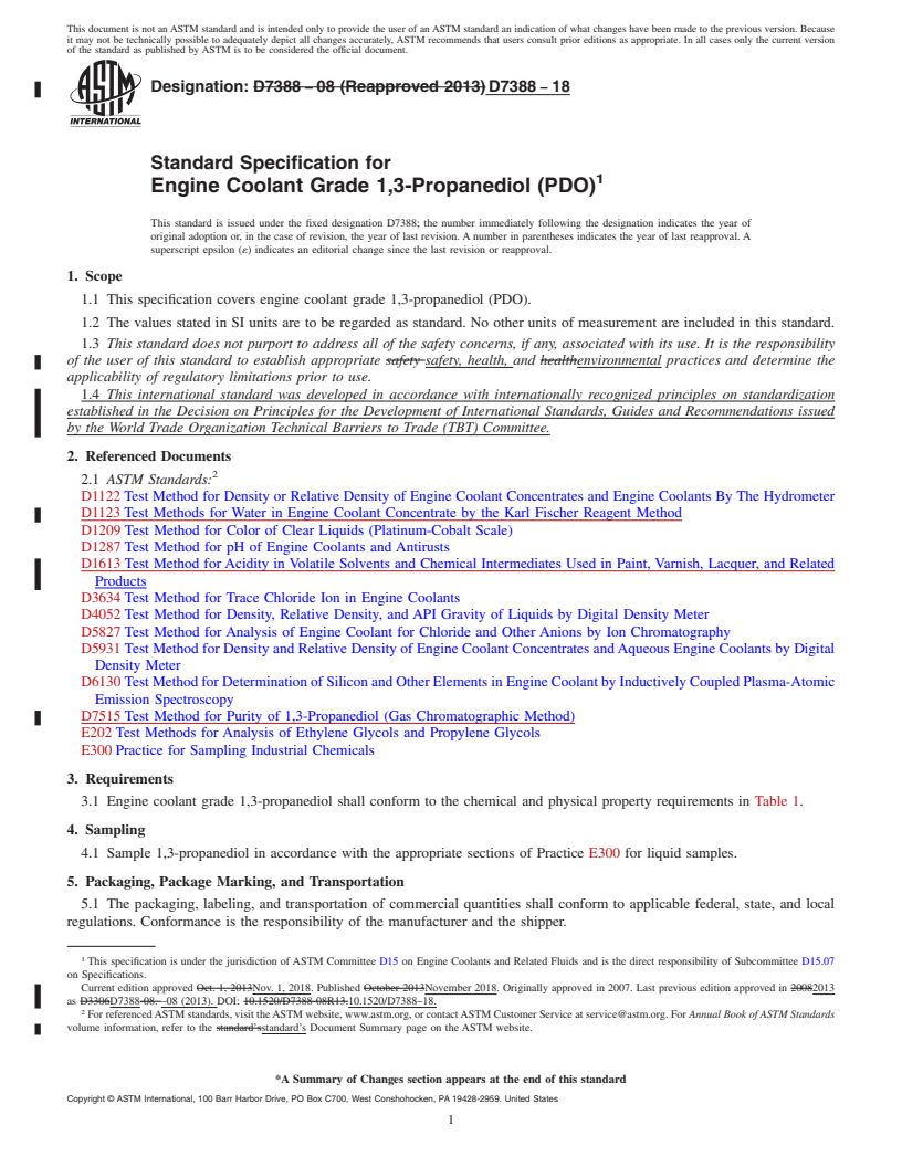 REDLINE ASTM D7388-18 - Standard Specification for Engine Coolant Grade 1,3-Propanediol (PDO)