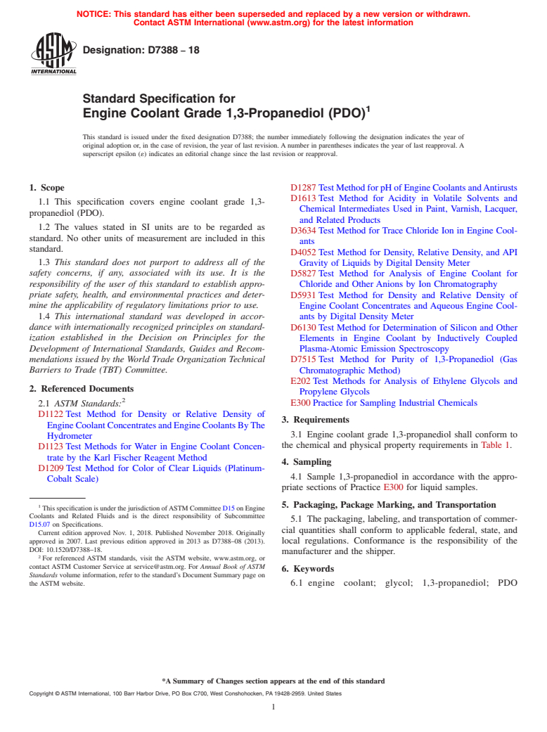 ASTM D7388-18 - Standard Specification for Engine Coolant Grade 1,3-Propanediol (PDO)