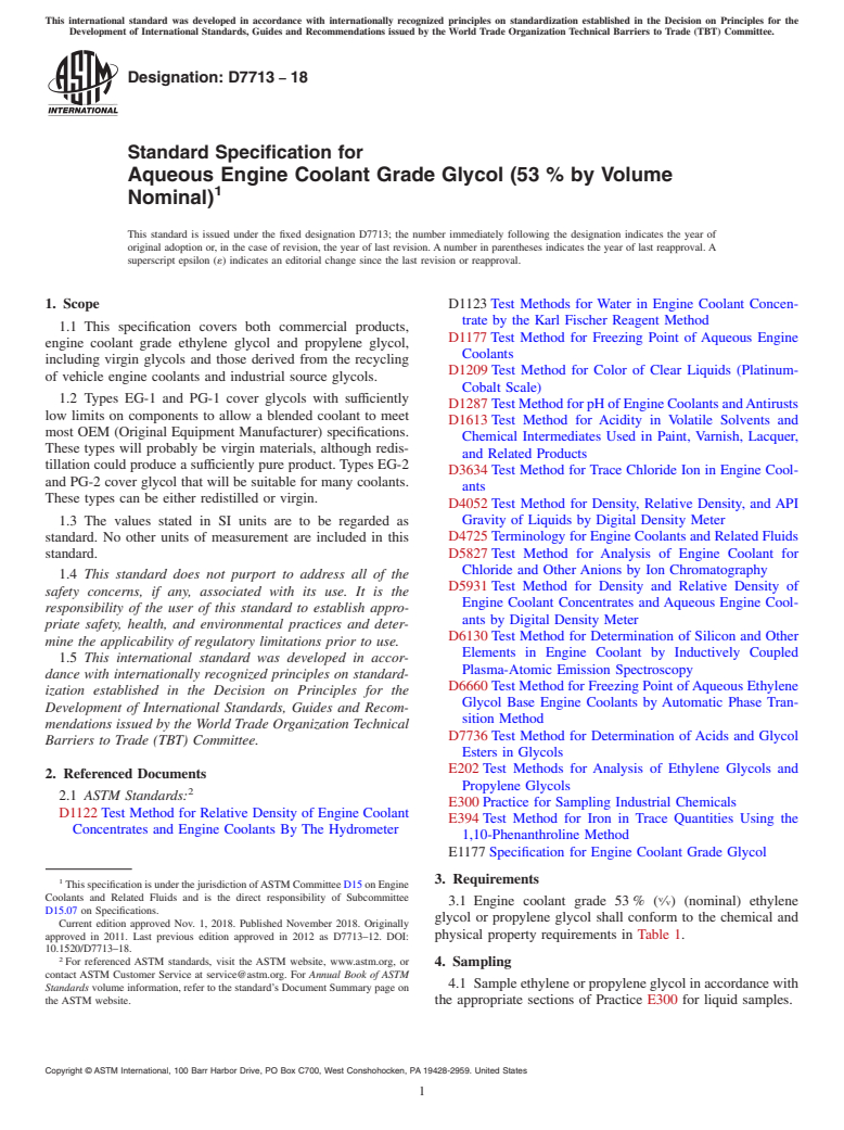 ASTM D7713-18 - Standard Specification for Aqueous Engine Coolant Grade Glycol (53 % by Volume Nominal)