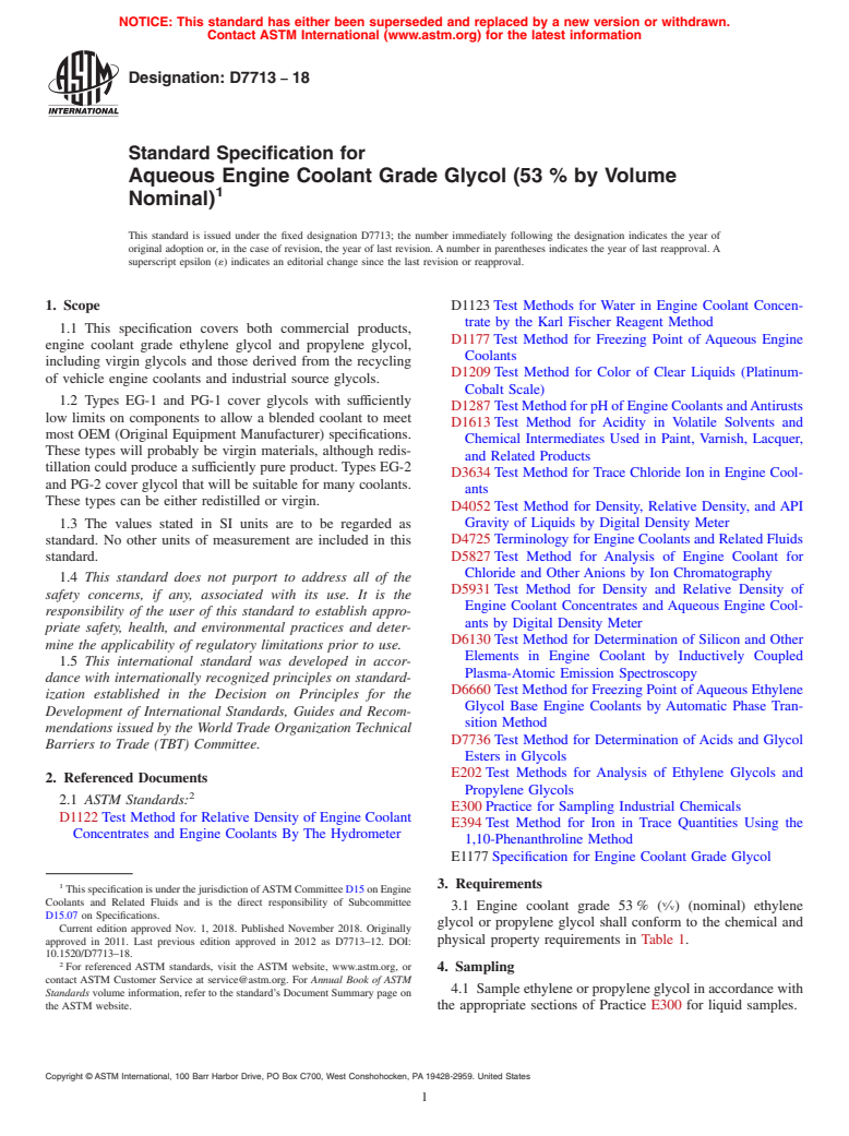 ASTM D7713-18 - Standard Specification for Aqueous Engine Coolant Grade Glycol (53 % by Volume Nominal)
