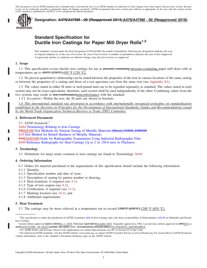 REDLINE ASTM A476/A476M-00(2018) - Standard Specification for  Ductile Iron Castings for Paper Mill Dryer Rolls