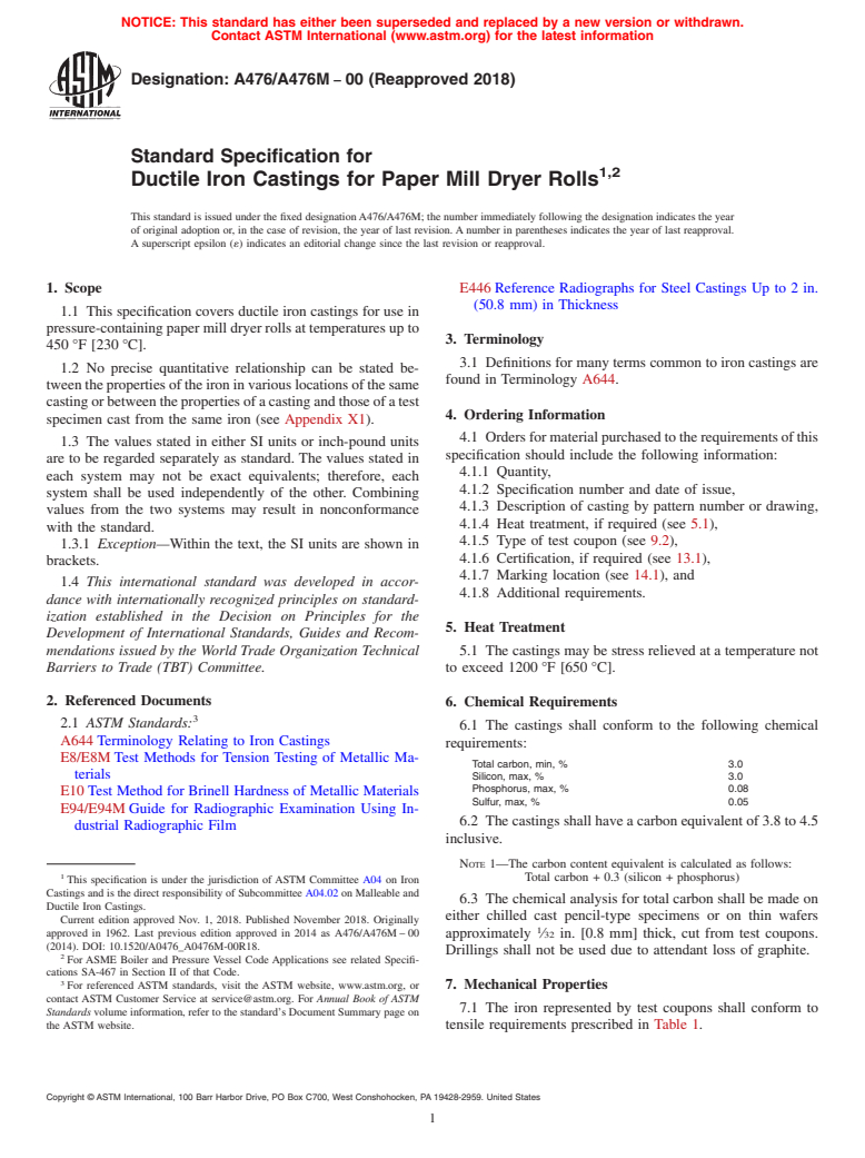 ASTM A476/A476M-00(2018) - Standard Specification for  Ductile Iron Castings for Paper Mill Dryer Rolls