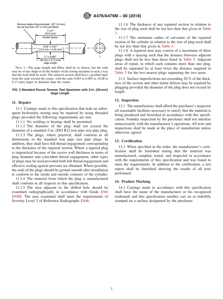 ASTM A476/A476M-00(2018) - Standard Specification for  Ductile Iron Castings for Paper Mill Dryer Rolls