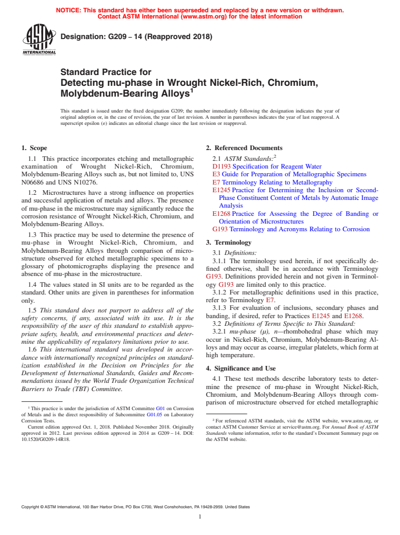 ASTM G209-14(2018) - Standard Practice for Detecting mu-phase in Wrought Nickel-Rich, Chromium, Molybdenum-Bearing  Alloys