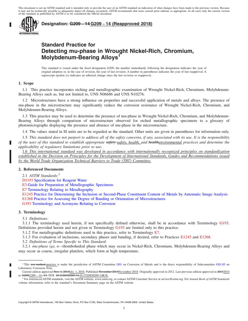 REDLINE ASTM G209-14(2018) - Standard Practice for Detecting mu-phase in Wrought Nickel-Rich, Chromium, Molybdenum-Bearing  Alloys