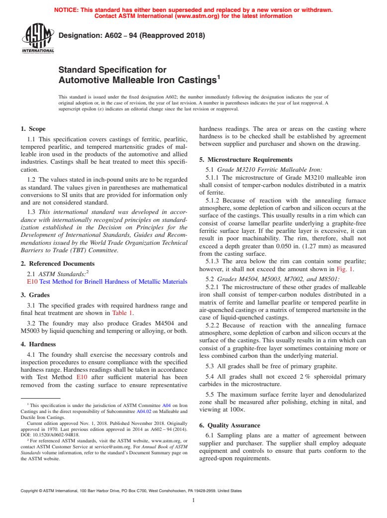 ASTM A602-94(2018) - Standard Specification for  Automotive Malleable Iron Castings