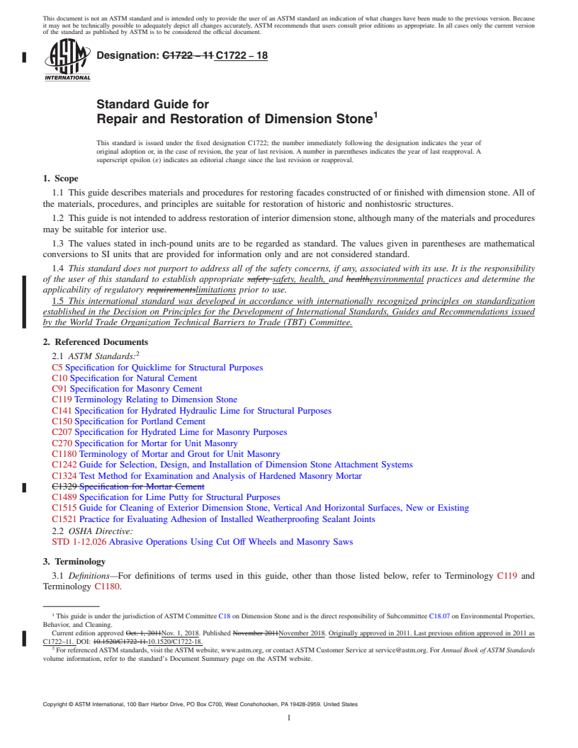 REDLINE ASTM C1722-18 - Standard Guide for  Repair and Restoration of Dimension Stone