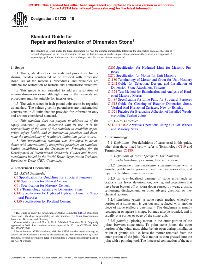 ASTM C1722-18 - Standard Guide for  Repair and Restoration of Dimension Stone