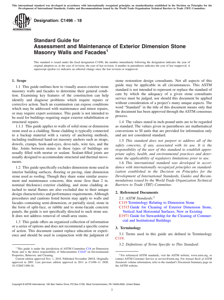 ASTM C1496-18 - Standard Guide for  Assessment and Maintenance of Exterior Dimension Stone Masonry  Walls and Facades