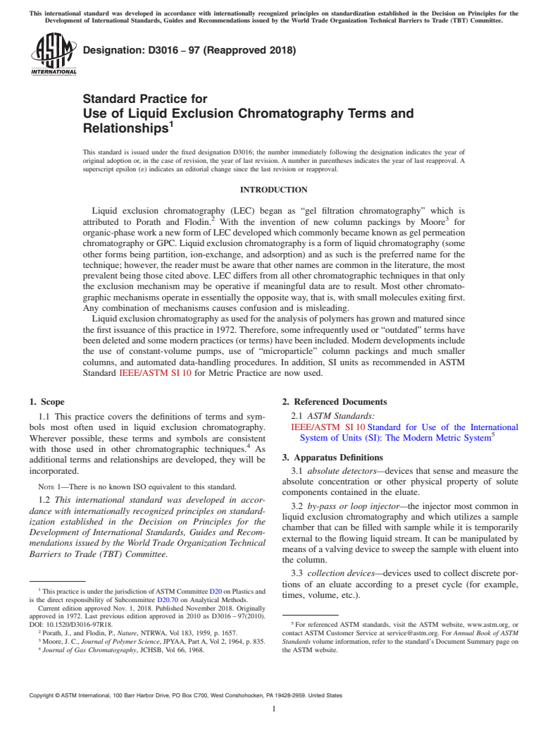 ASTM D3016-97(2018) - Standard Practice for  Use of Liquid Exclusion Chromatography Terms and Relationships