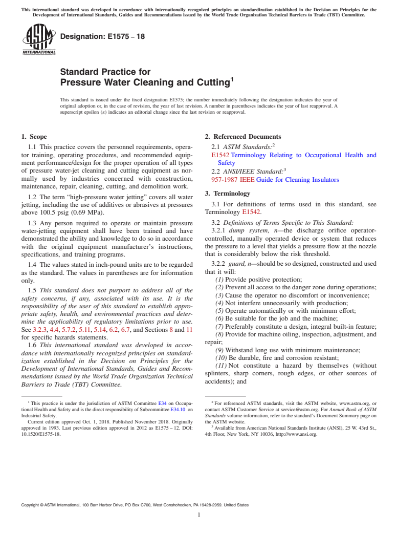 ASTM E1575-18 - Standard Practice for  Pressure Water Cleaning and Cutting