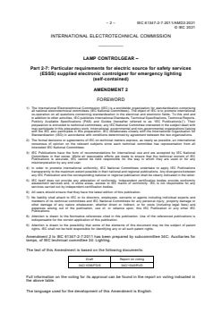 IEC 61347-2-7:2011/AMD2:2021 - Amendment 2 - Lamp controlgear - Part 2-7: Particular requirements for electric source for safety services (ESSS) supplied electronic controlgear for emergency lighting (self-contained) - Page 4 preview
