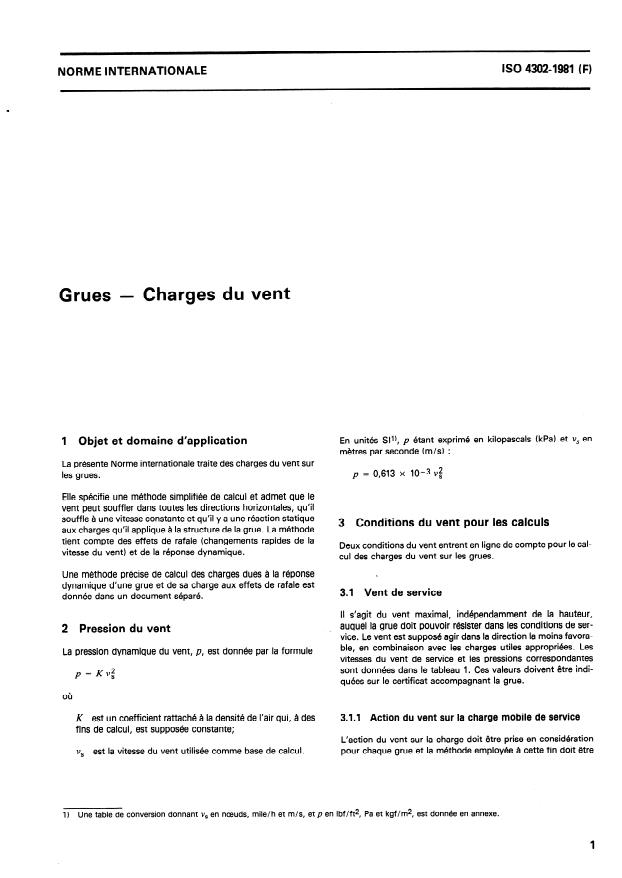 ISO 4302:1981 - Appareils de levage a charge suspendue - Evaluation des charges dues au vent