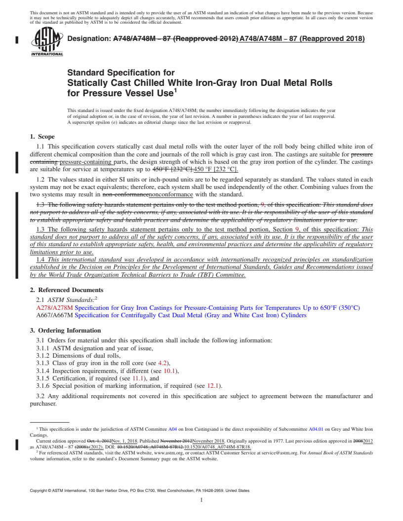 REDLINE ASTM A748/A748M-87(2018) - Standard Specification for  Statically Cast Chilled White Iron-Gray Iron Dual Metal Rolls  for Pressure Vessel Use