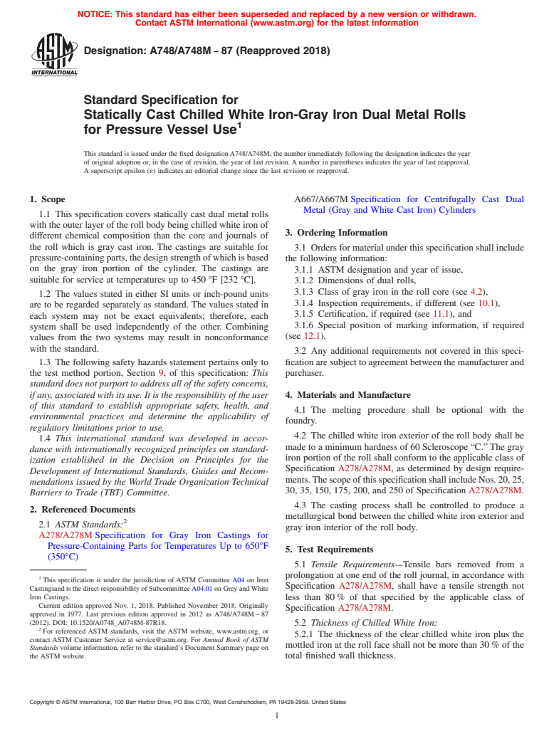 ASTM A748/A748M-87(2018) - Standard Specification for  Statically Cast Chilled White Iron-Gray Iron Dual Metal Rolls  for Pressure Vessel Use