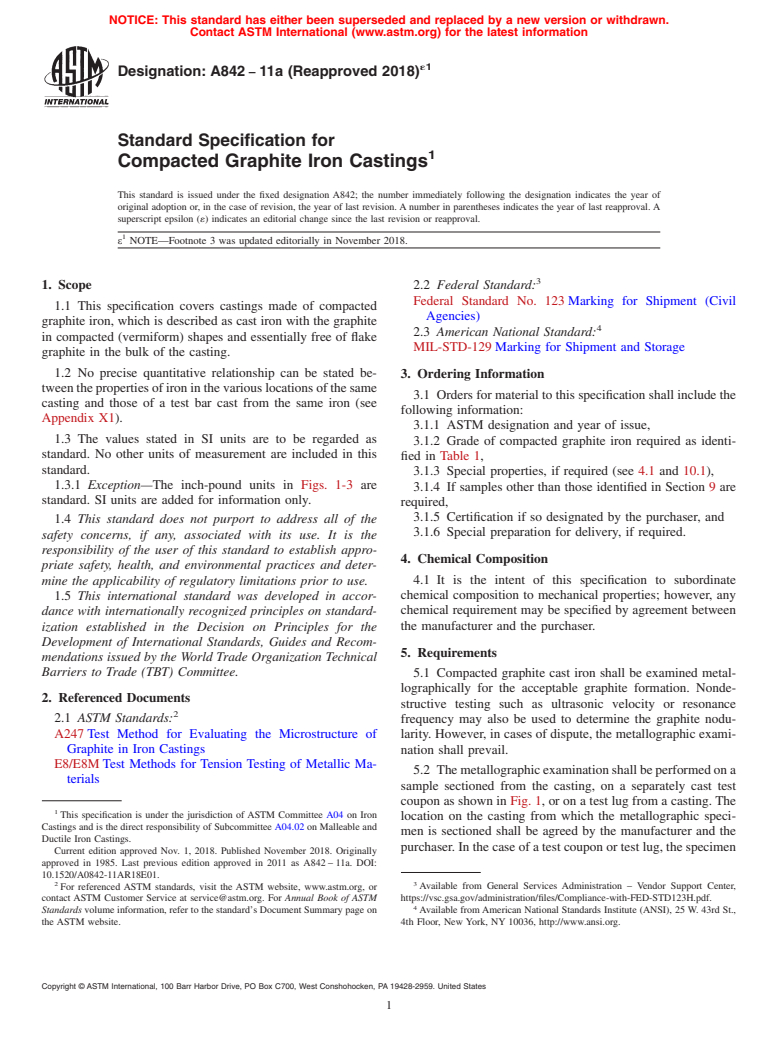 ASTM A842-11A(2018)e1 - Standard Specification for  Compacted Graphite Iron Castings