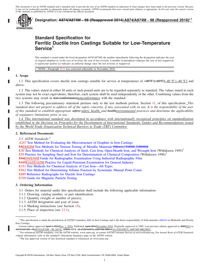 REDLINE ASTM A874/A874M-98(2018)e1 - Standard Specification for  Ferritic Ductile Iron Castings Suitable for Low-Temperature   Service