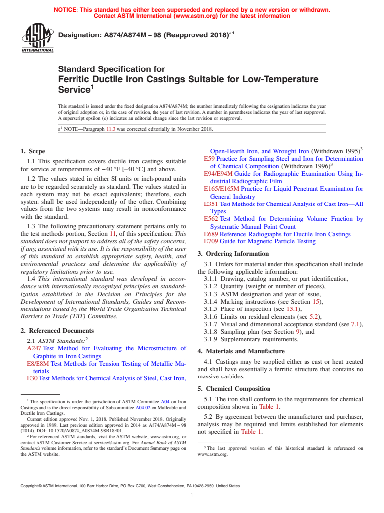 ASTM A874/A874M-98(2018)e1 - Standard Specification for  Ferritic Ductile Iron Castings Suitable for Low-Temperature   Service